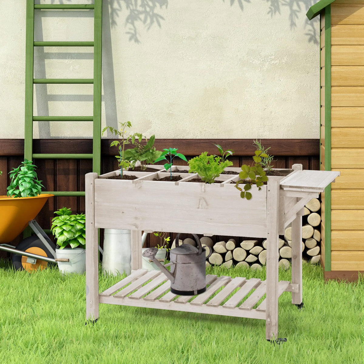 Raised Garden Bed Planter Box w/ 8 Grow Grids, Storage Shelf & Lockable Wheels