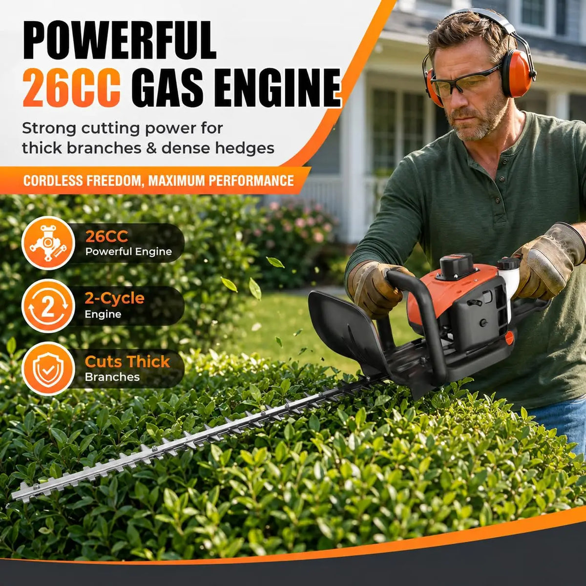 26CC Gas Hedge Trimmer 24 Inch Dual Action Blade Long Reach Cordless 2 Cycle Engine For Bushes Shrubs Branches Yard Garden Care
