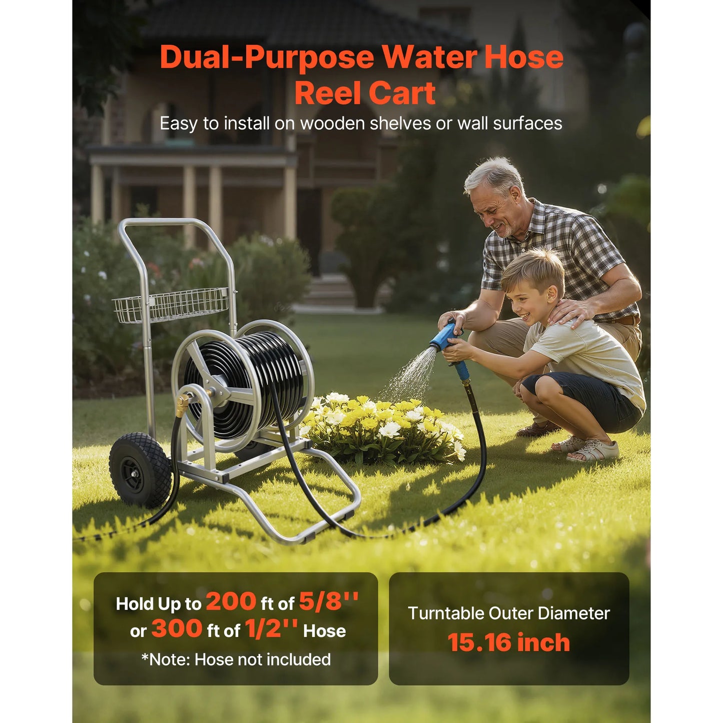 SucceBuy Water Hose Reel Cart 200/300ft High-Pressure Garden Hose Cart with Two Wheels Handle & Mesh Storage Basket for Garden