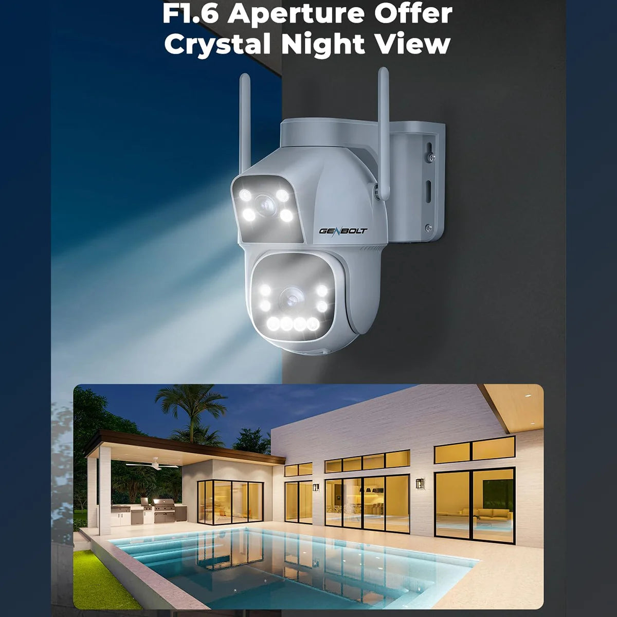 GENBOLT Outdoor Solar Security Wireless Camera 355 Degree Night Vision 15600mAh