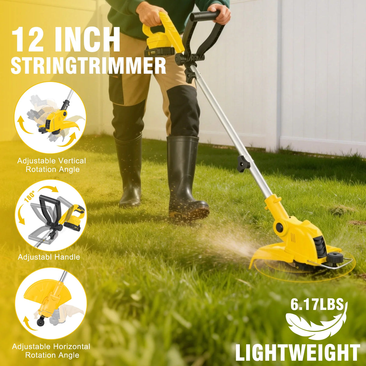 3 In1 Cordless String Trimmer 12-Inch 90° Rotatable Electric Lawn Mower Lightweight Brushless 9650RPM 10 Spools 2x2.0Ah Batteries & Charger for Lawn Garden Power Tool