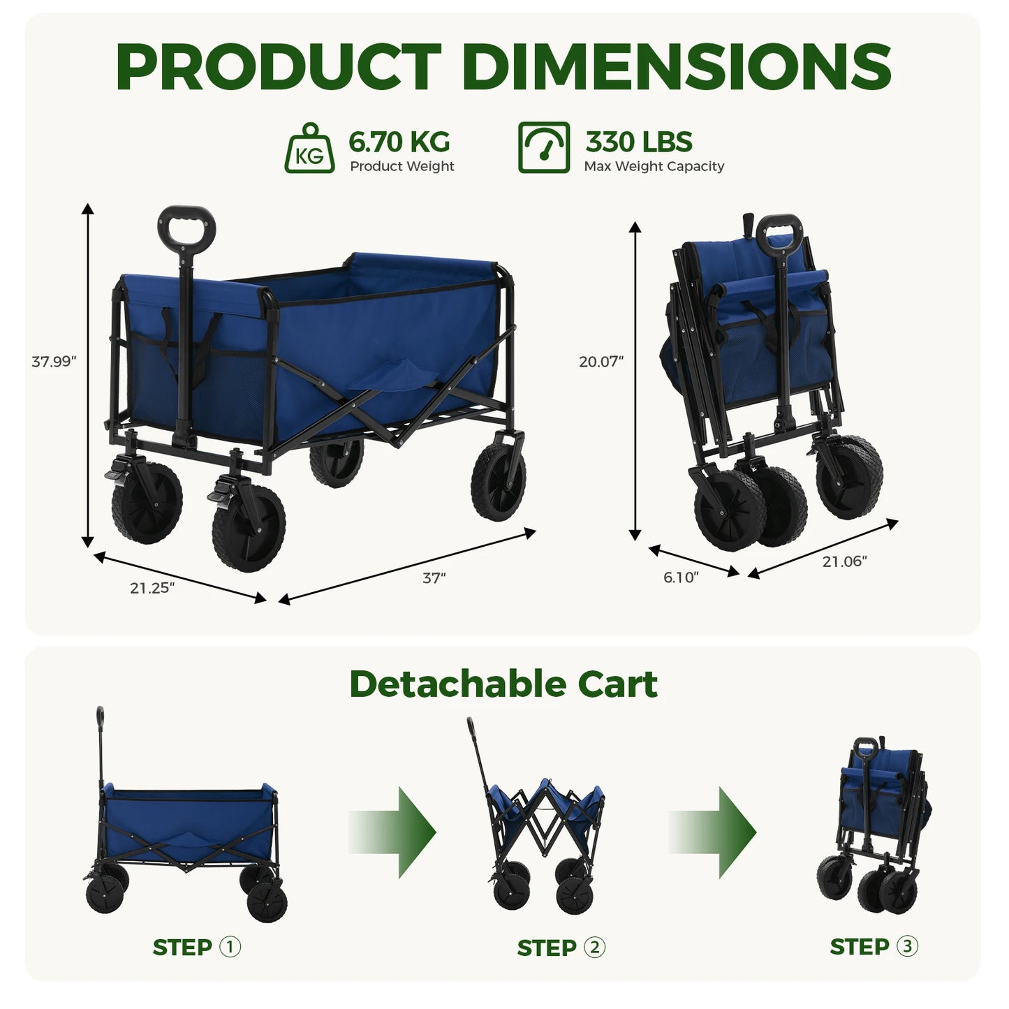 JHK Heavy Duty Collapsible Wagon Cart 330 Lbs Weight Capacity Camping