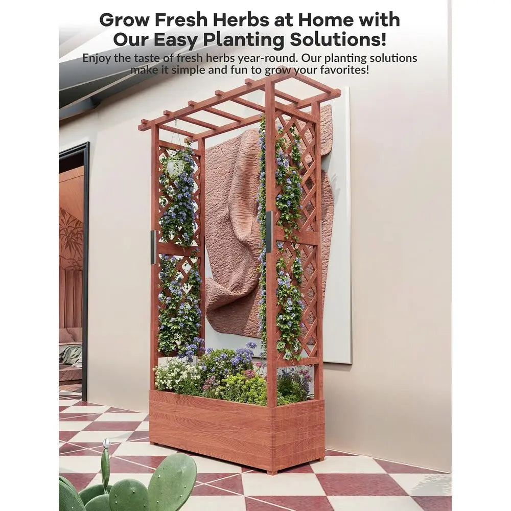 GarveeLie Raised Garden Bed with Trellis, 45 in Wood Planter Box with Side Trellis, Hanging Roo, and 4 Drainage Holes, reestandi