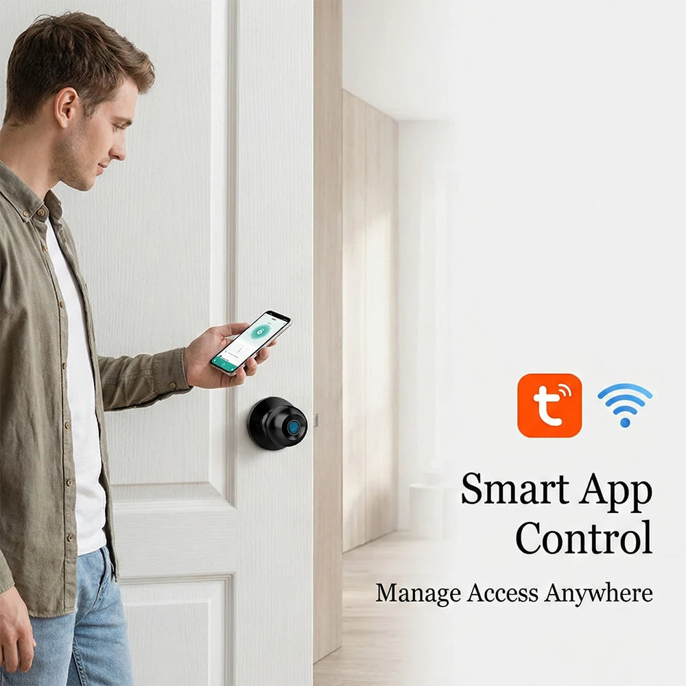 Tuya Smart Fingerprint Door Knob Lock WiFi App Remote Control Keyless Entry Smart Door Lock Temporary Password Unlock Biometric Round Knob Lock for Bedroom Apartment Office