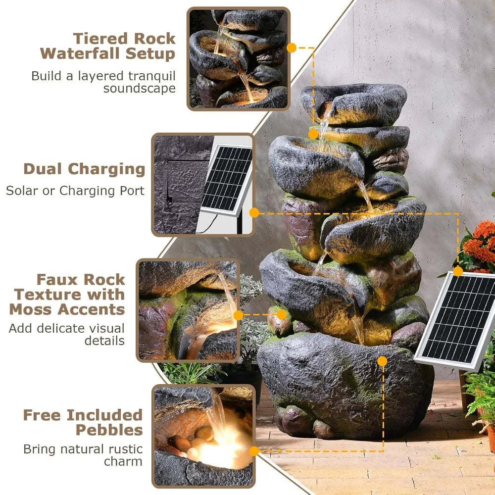 5 Tier Rock Solar Water Fountain With Lights For Outdoor Garden