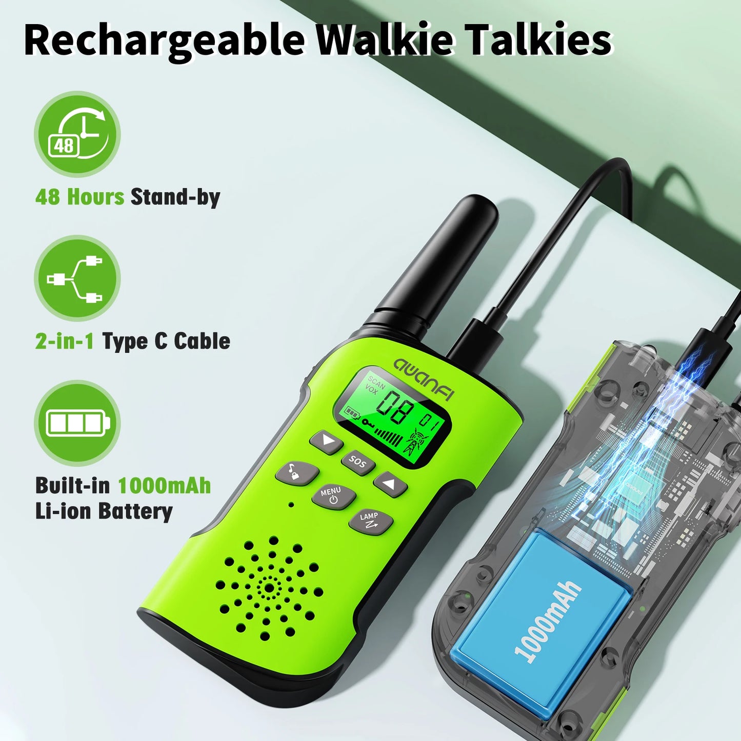 AWANFI Walkie Talkies 4 Pack Rechargeable 8 Channel USB C