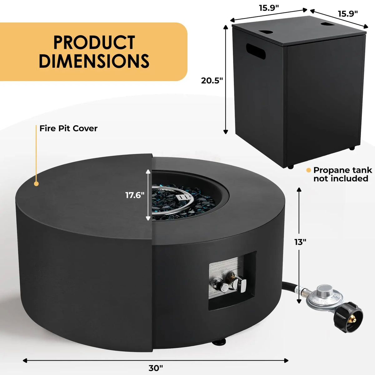 Propane Fire Pit Set - 30" Round Fire Table & Tank Holder, 50,000 BTU Outdoor Fire Pit with Cover, 304 Stainless Burner