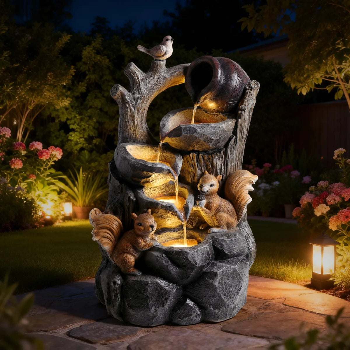 Squirrel Outdoor Water Fountain with Lights Waterfall Garden Decor Resin Tree Stump Pouring Jug for Patio Yard Porch   WL RR