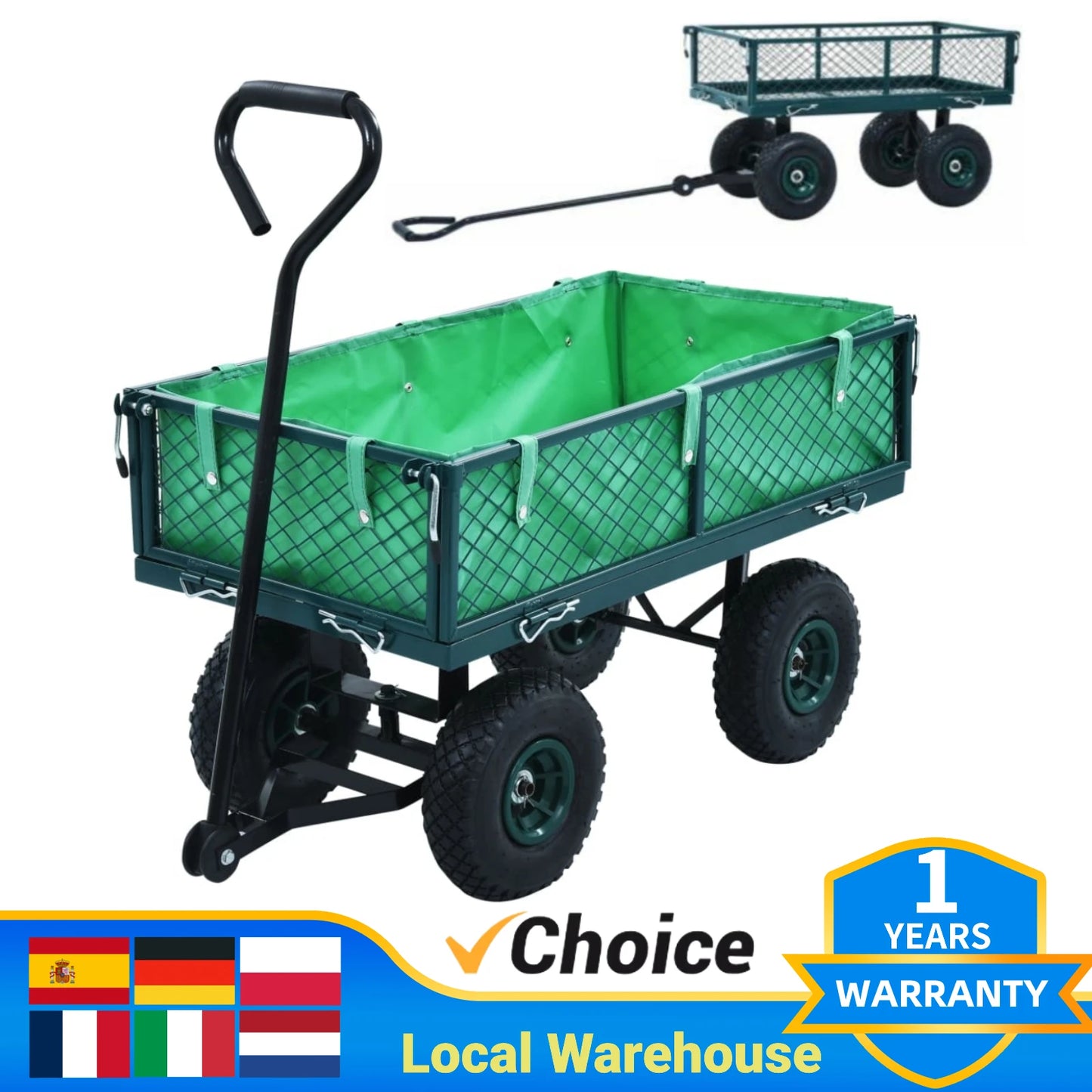 Heavy Duty Garden Cart 350kg Capacity With Removable Mesh Sides For Flatbed