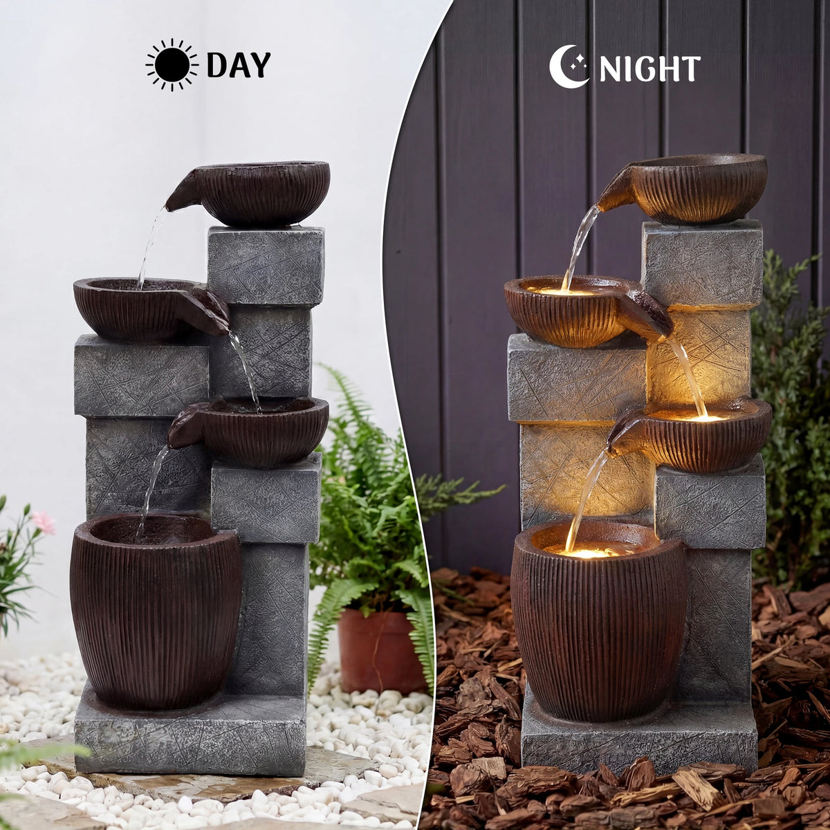 Plugin Powered 4-Tier Cascading Water Fountain with LED Lights, 14.8''W X 14.4''D X 31.5''H, Modern Stone & Bowl Resin Water Feature, Adjustable Flow Pump, Weather-Resistant for Patio, Backyard & Garden Decor