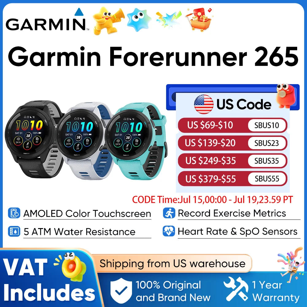 Garmin Forerunner 265 GPS Smartwatch With Heart Rate Monitoring Training Metrics