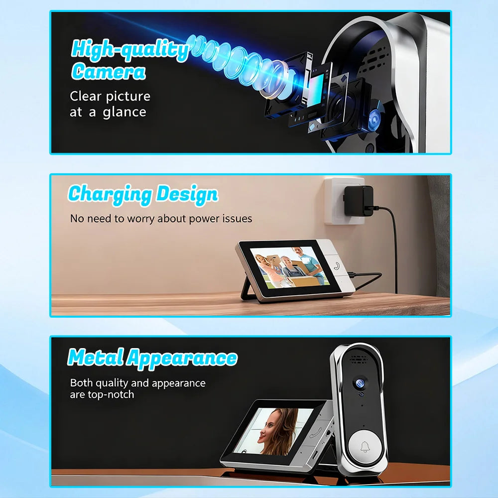 2.4G Wireless Video Doorbell with Indoor Monitor Screen Night Vision Waterproof Intercom Doorbell Camera No Drill Installation Home Security Door Bell