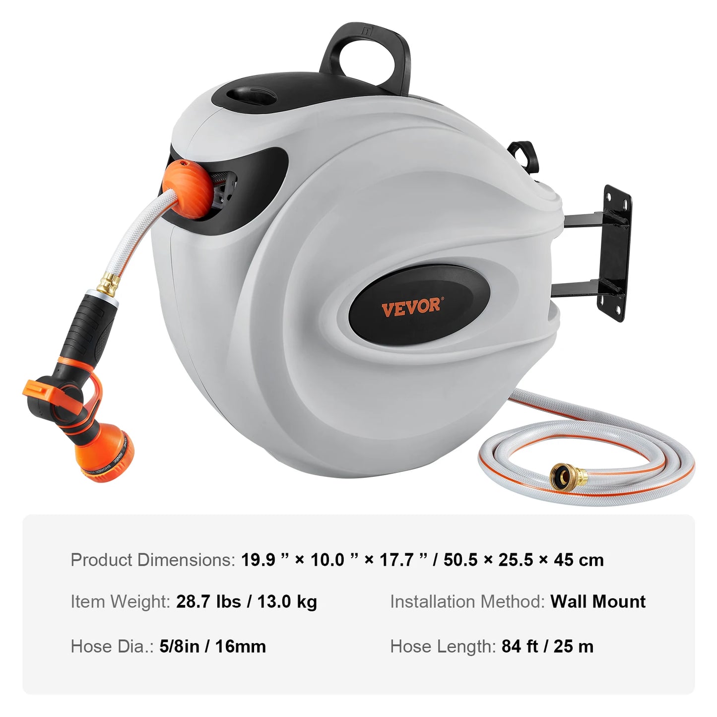 SucceBuy Retractable Hose Reel 180° Swivel Bracket Wall-Mounted Garden Water Hose Reel with 9-Pattern Nozzle Automatic Rewind
