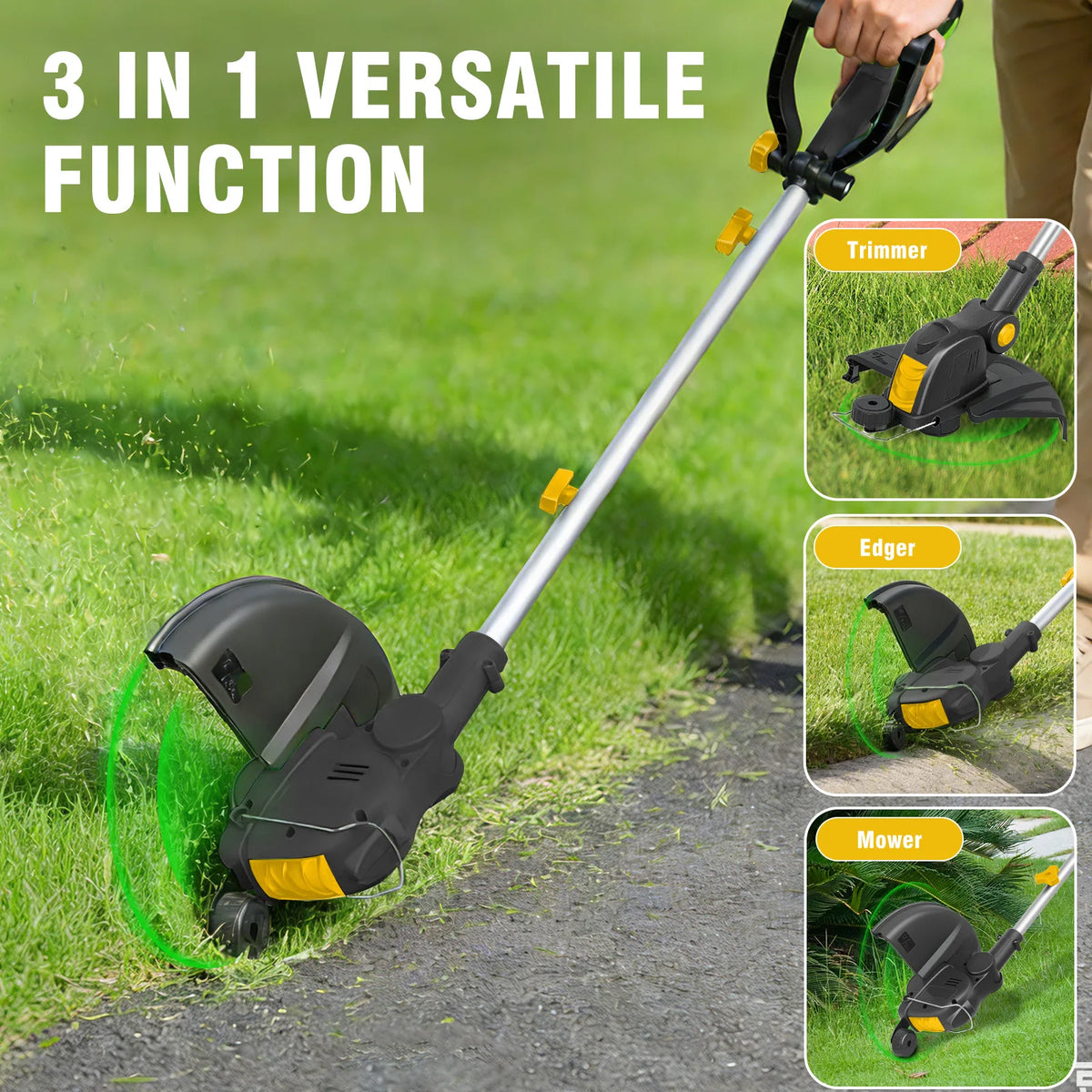 3 In1 Cordless String Trimmer 12-Inch 90° Rotatable Electric Lawn Mower Lightweight Brushless 9650RPM 10 Spools 2x2.0Ah Batteries & Charger for Lawn Garden Power Tool
