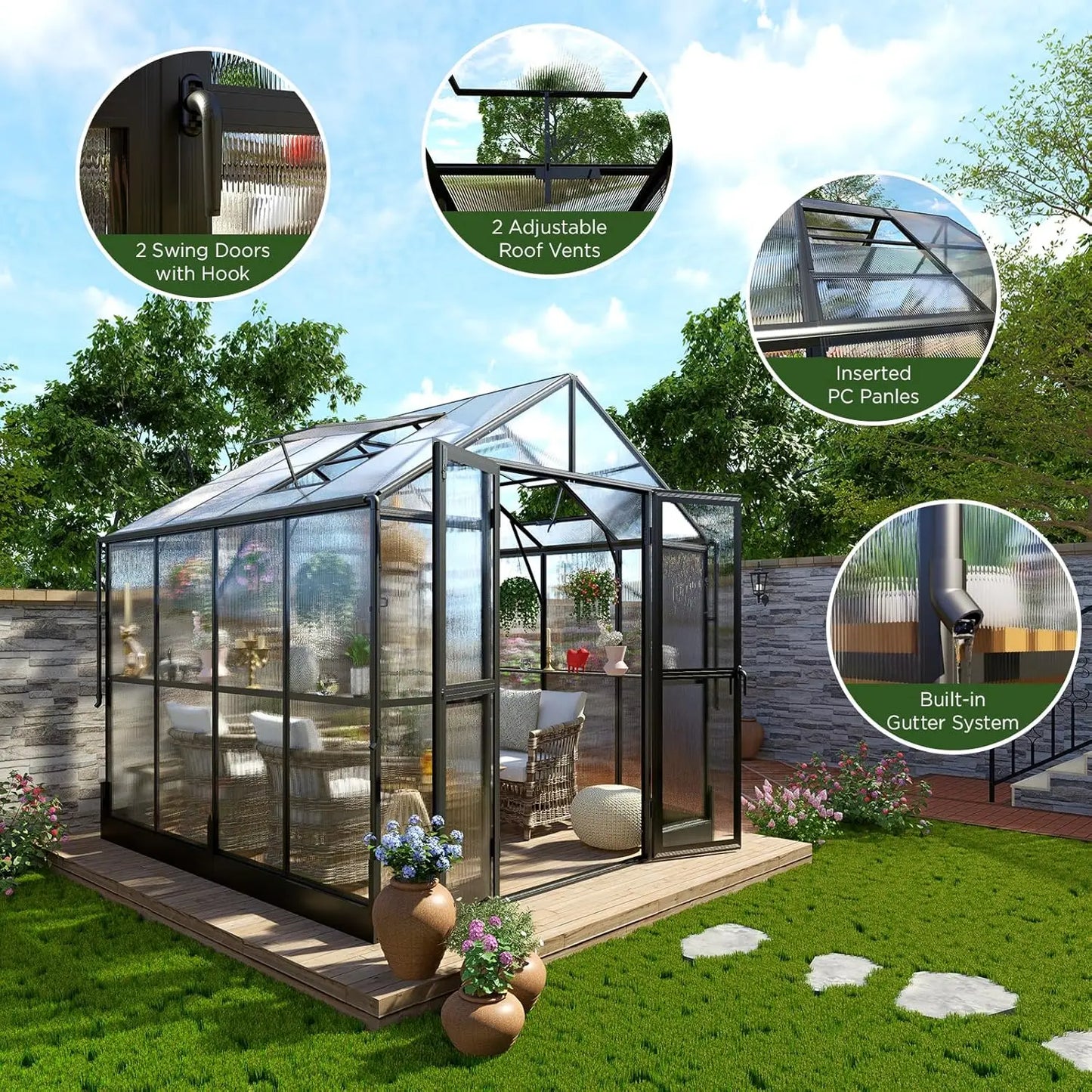 Aluminum Greenhouse For Outdoors With Polycarbonate Panels And Lockable Door