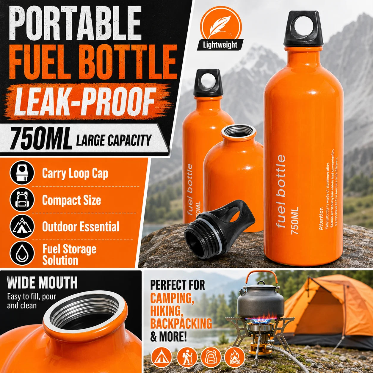 Aluminum Fuel Bottle 750ml Leakproof Portable for Camping and Hiking