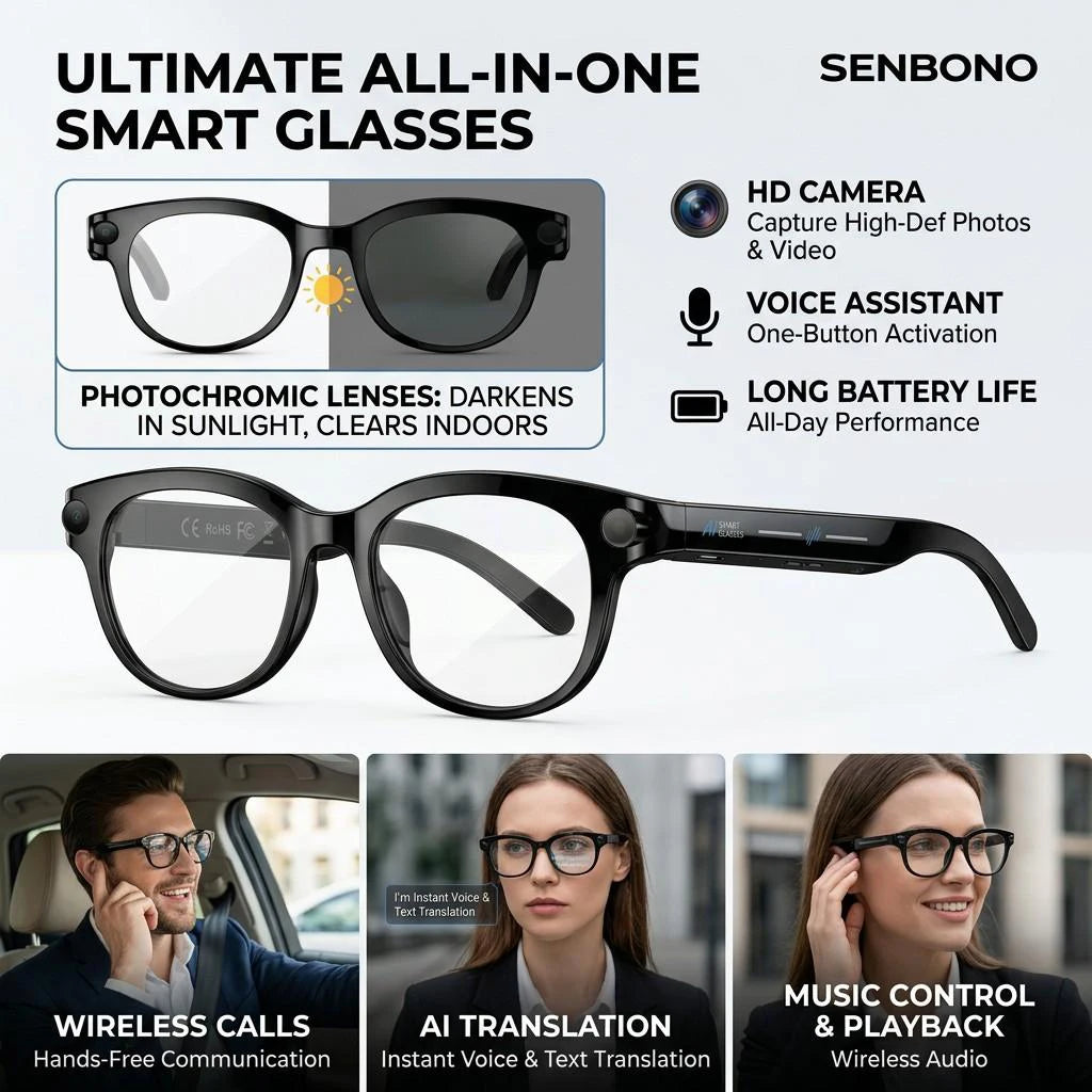 SENBONO AI Smart Glasses With Camera 1080P 4K Video Voice