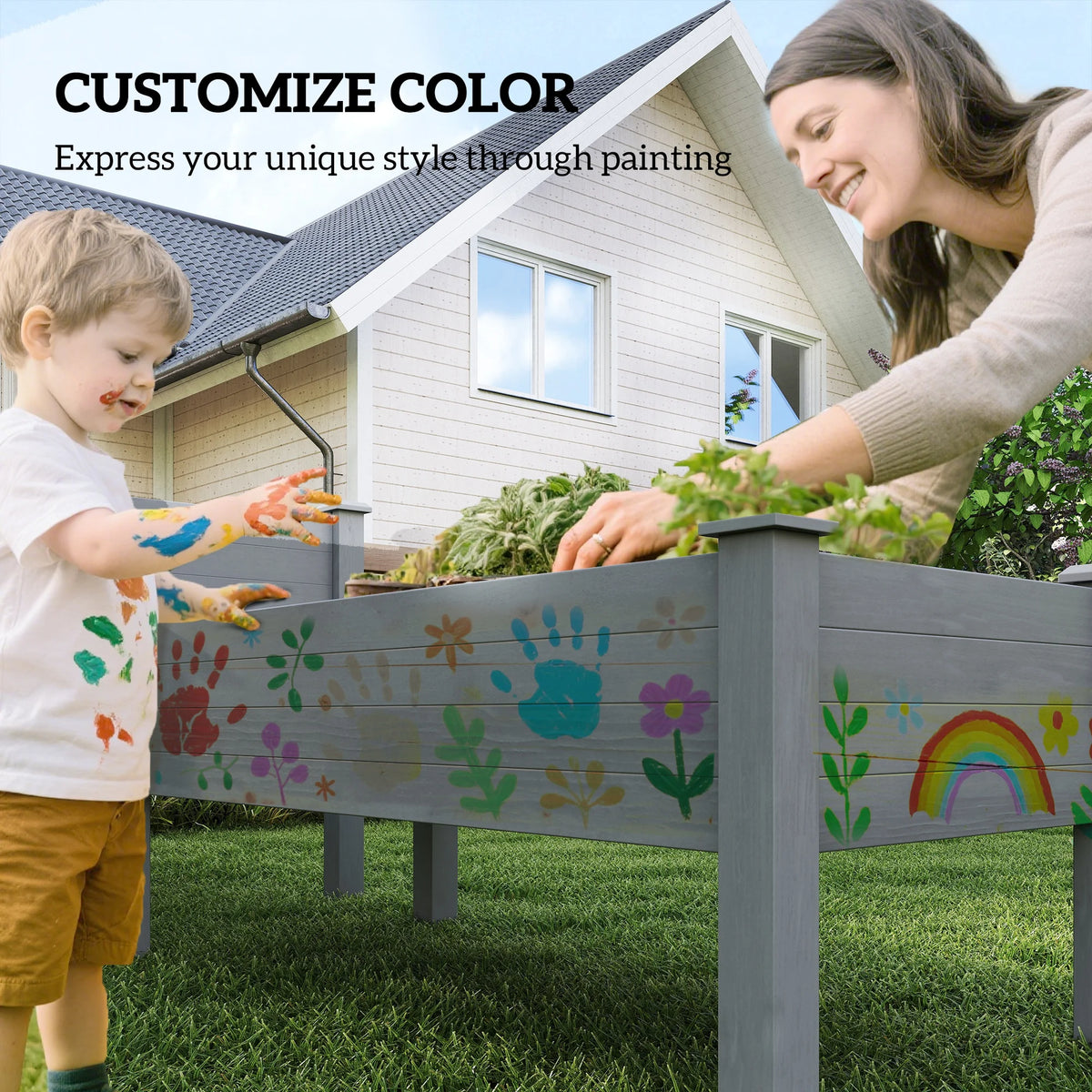 Outdoor/Indoor Raised Garden Bed Elevated Wooden Planter Box w/ 2 Compartments