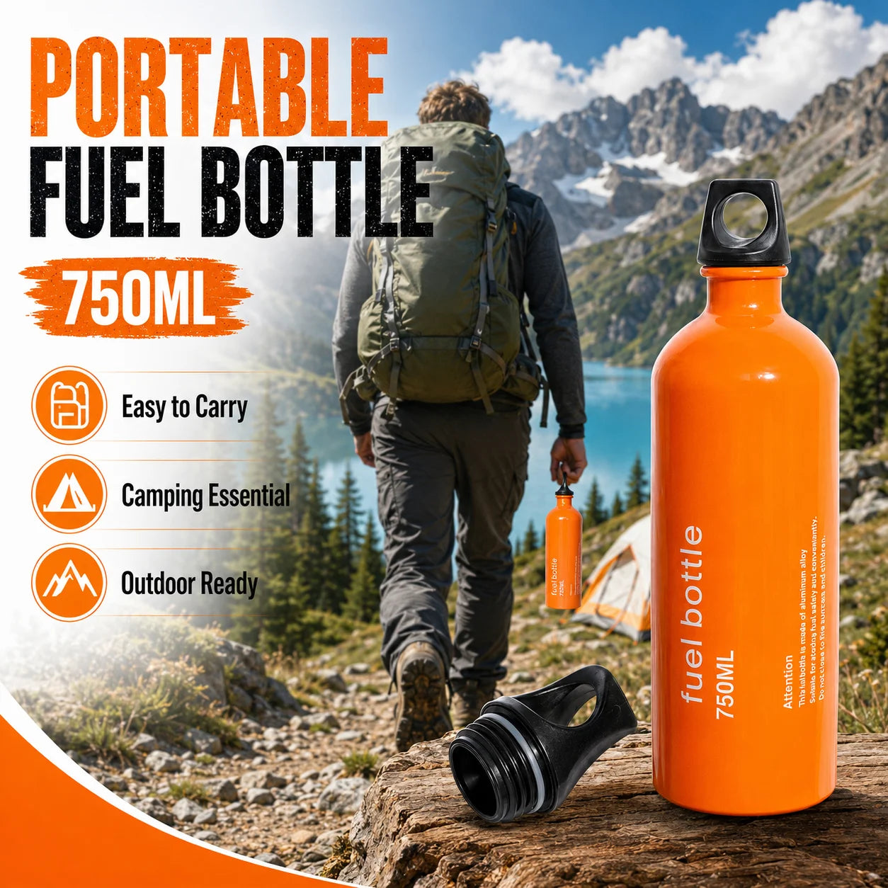 Aluminum Fuel Bottle 750ml Leakproof Portable for Camping and Hiking