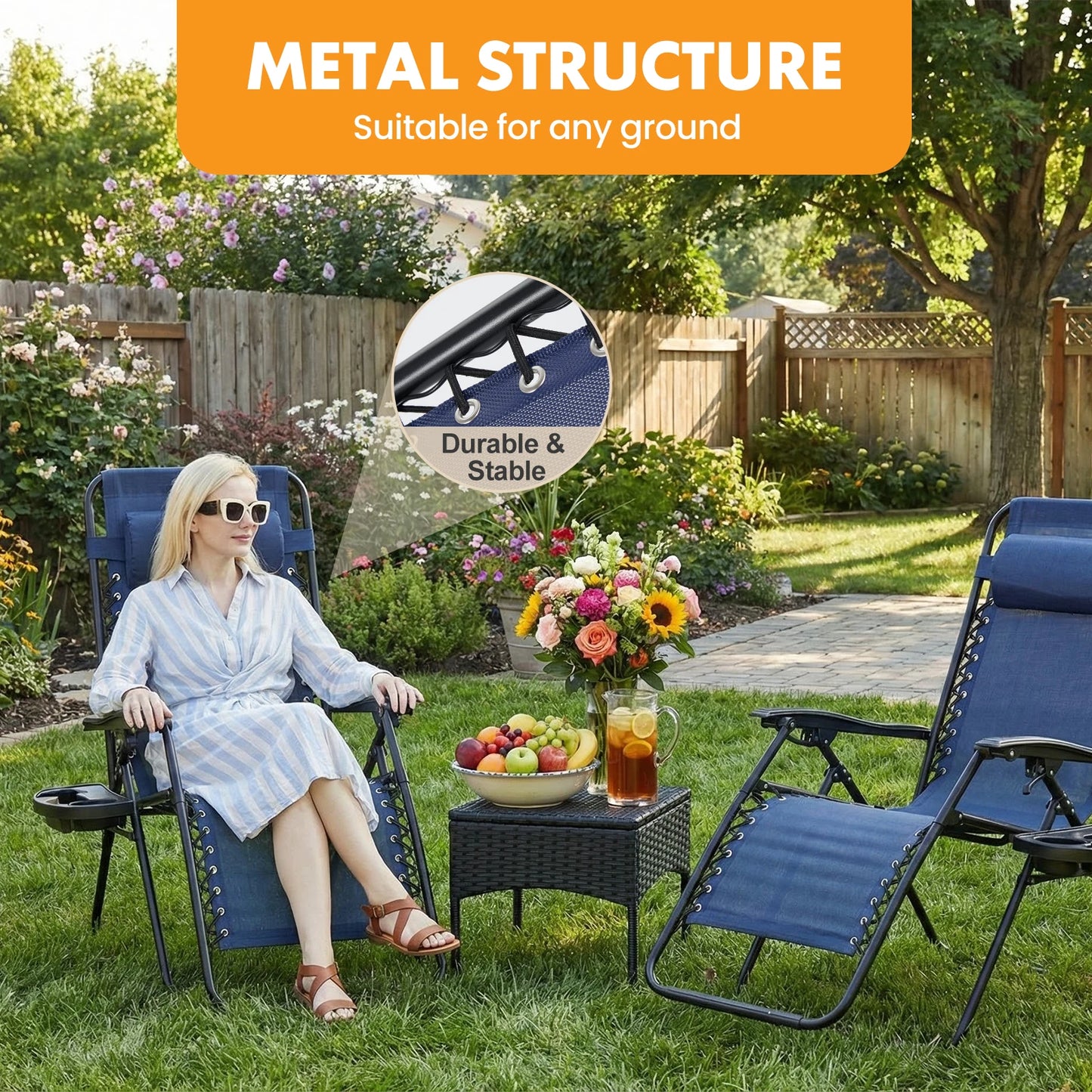 Outdoor Zero Gravity Lounge Chairs Set Of 2 With Cup Holder And Pillow