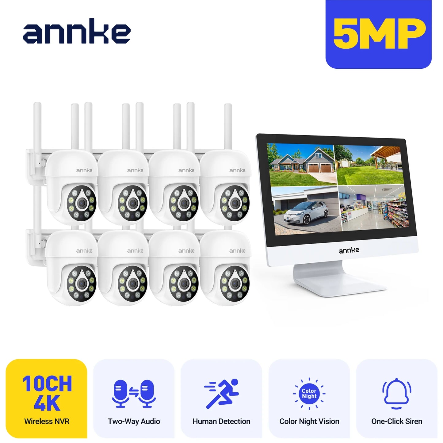 Annke 4MP solar security cameras 10CH 12 in LCD 2.4G 5.8G PTZ wifi security cameras PIR color night vision camera security wifi