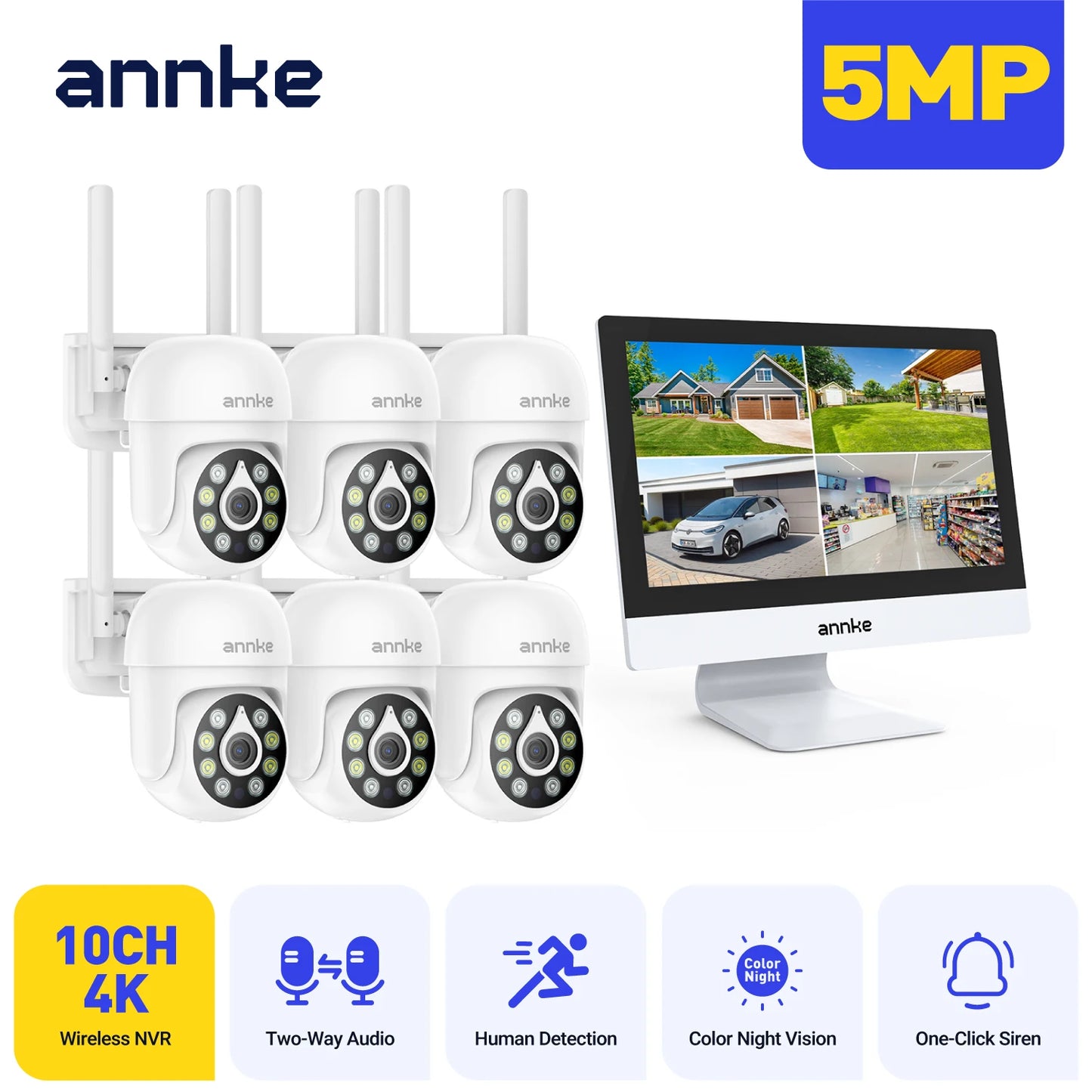 Annke 4MP solar security cameras 10CH 12 in LCD 2.4G 5.8G PTZ wifi security cameras PIR color night vision camera security wifi