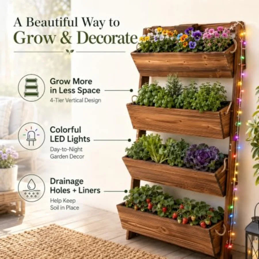Outdoor Vertical Garden Planter For Herbs And Flowers, Wooden 4-Tier Wall-Leaning Design With Led Lights And Drainage, Natural