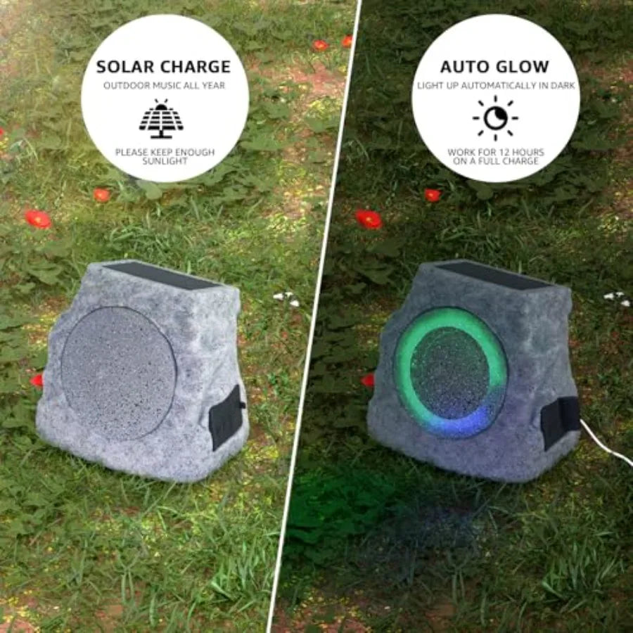 Solar Powered Rock Speakers Outdoor Water-Resistant with 3 Mode Lights and Pair Function USB Rechargeable for Patio Garden Part