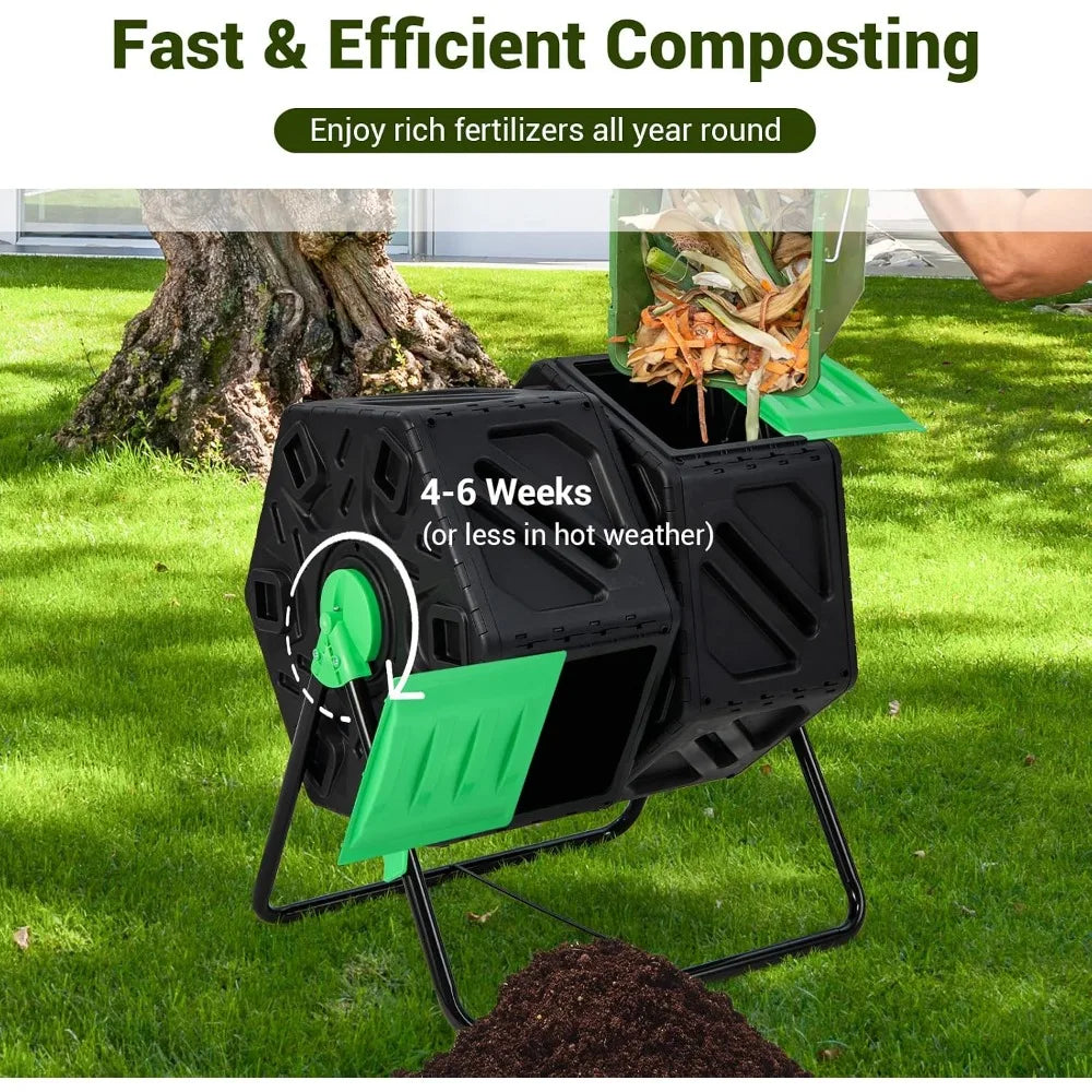 Dual Chamber Compost Tumbler With 360 Degree Rotation BPA Free For Outdoor Use