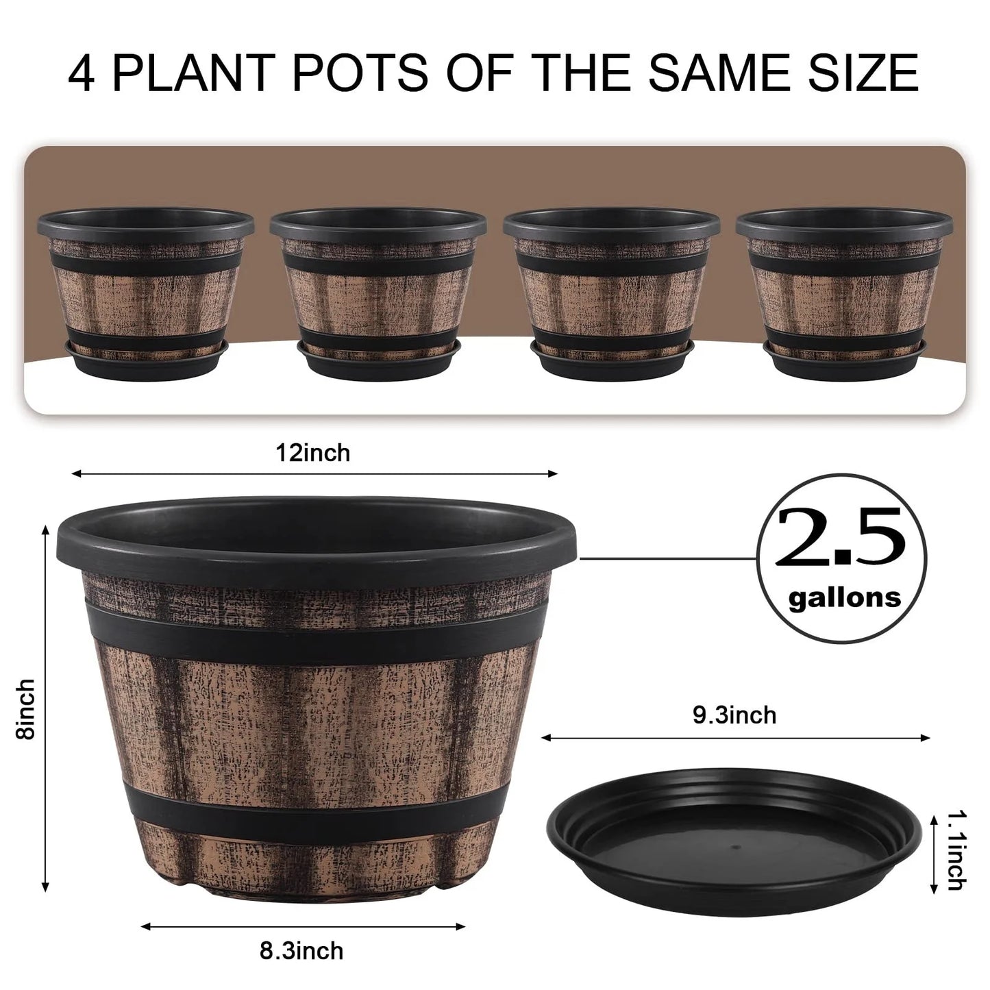 Plant Pots Set of 4 Pack,Large Whiskey Barrel Planters with Drainage Holes & Saucer.Plastic Flower Pots Imitation Wine Barrel Design, for Indoor & Outdoor Garden Home Plants