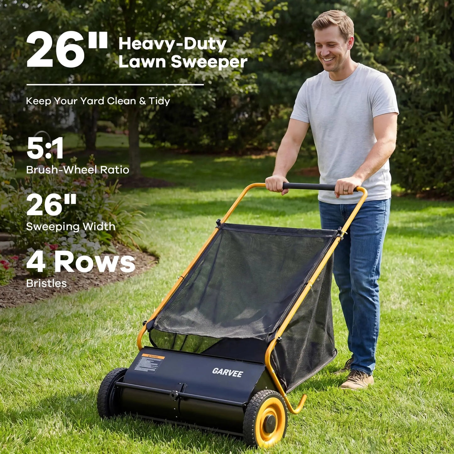 HiMISS Push Lawn Sweeper With Adjustable Brush Height For Grass