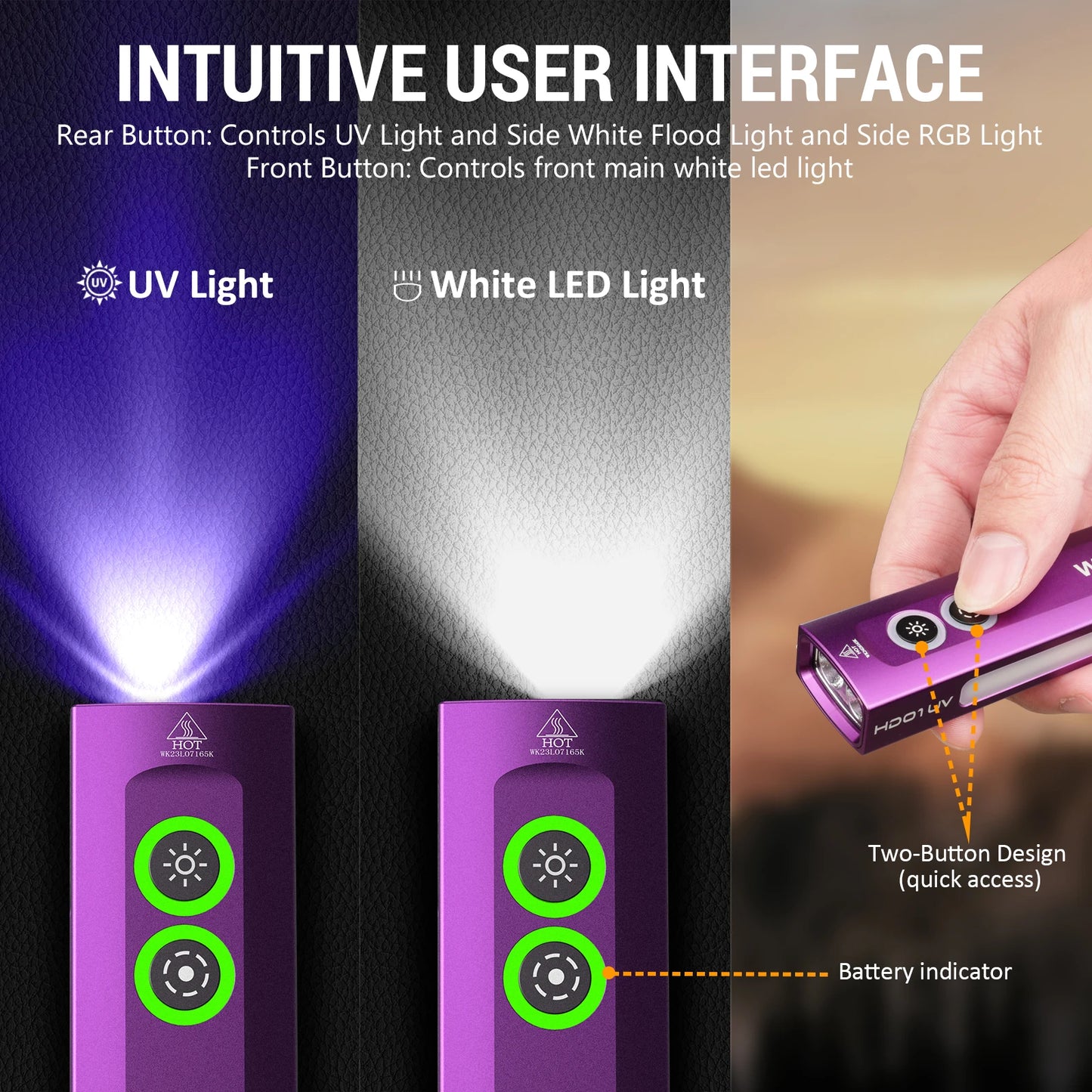 Wurkkos HD01 UV Multifunctional EDC Flashlight 1200 LM with 365nm UV Light White Flood 90CRI LED Side RGB Lights IP65 Waterproof