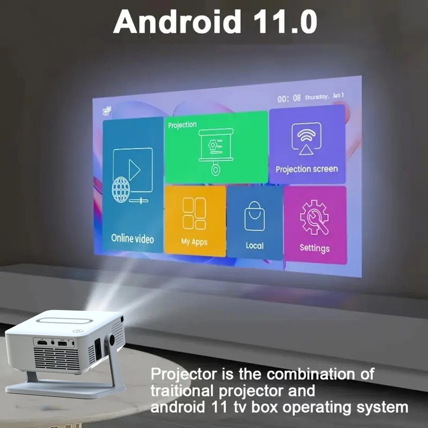 Xnano Android Smart Projector With Holder 300 ANSI Lumens HDMI