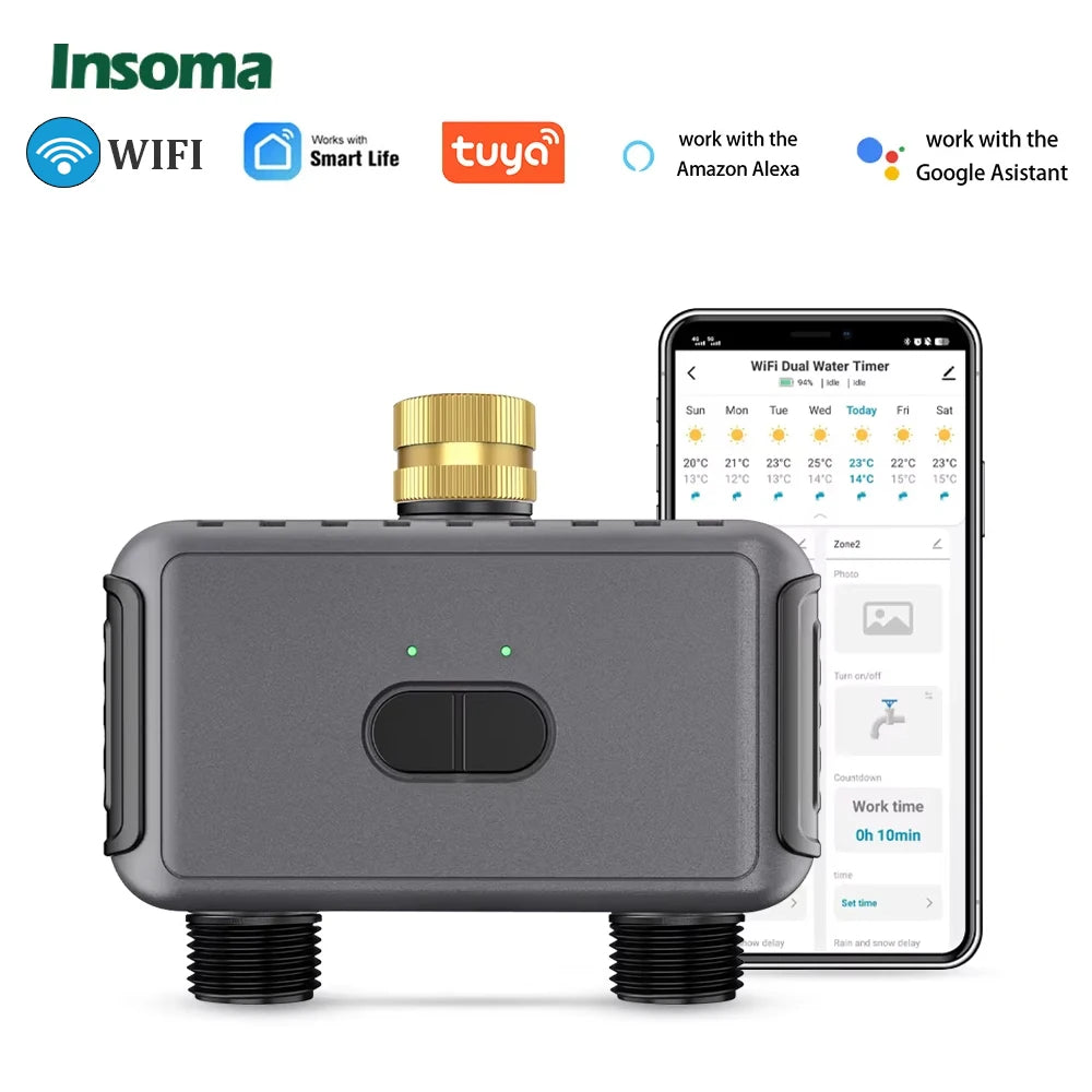 INSOMA Wifi Direct Automatic Water Timer Garden Irrigation Watering System Dual Hose Remote Control Sprinkler Programmer for Yard Lawn