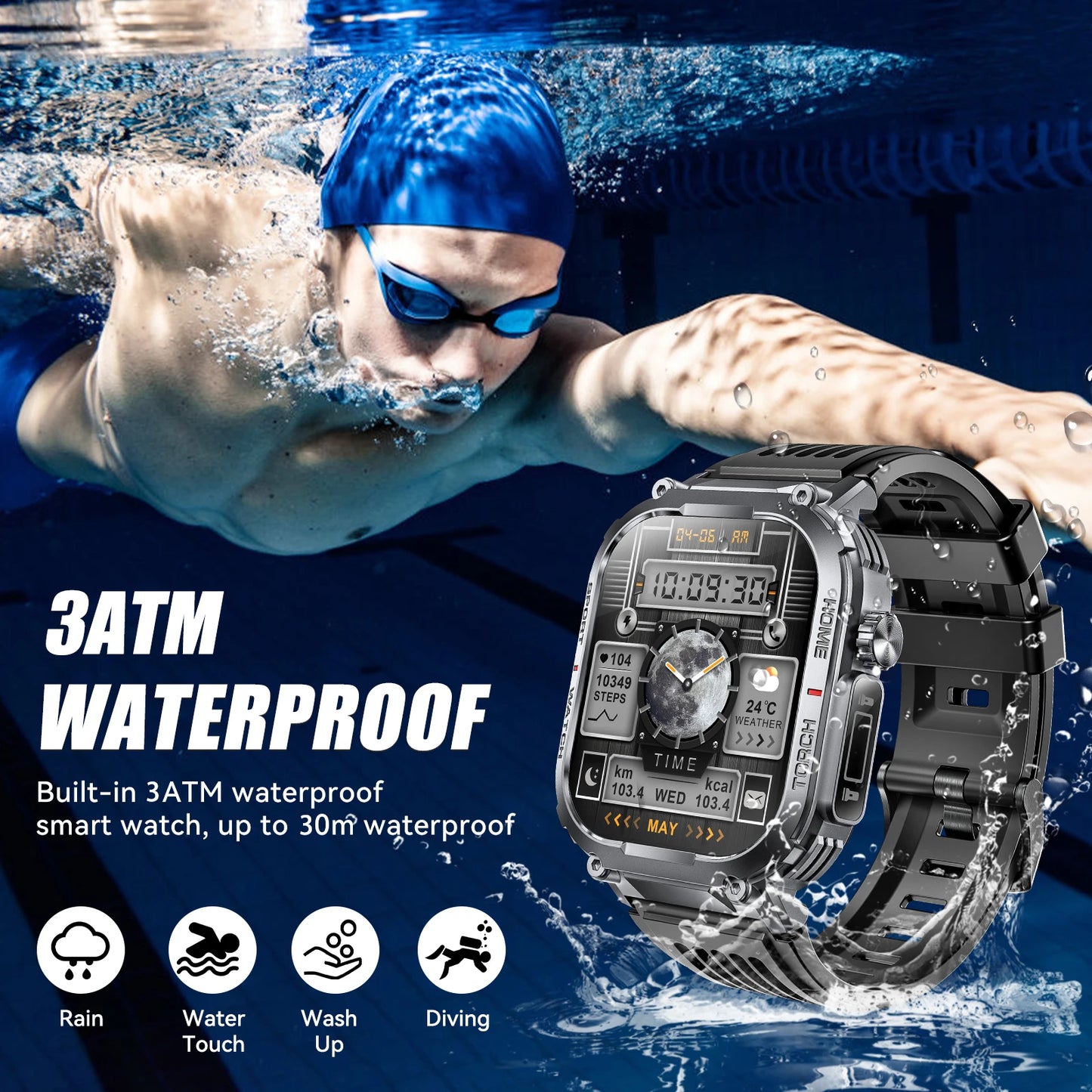 EIGIIS Smart Watch Men 3ATM Waterproof Compass Heart Rate Tracker
