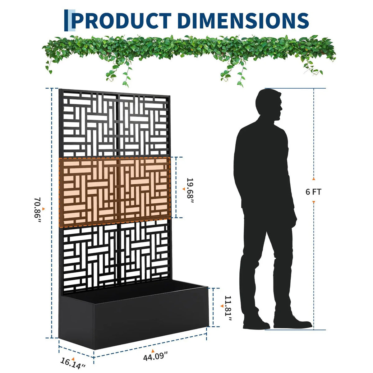 71in Tall Metal Raised Planter Box with Trellis & Privacy Screen Divider - Carbon Steel Outdoor Garden Bed - Drainage Holes - For Climbing Plants, Vines & Vegetables