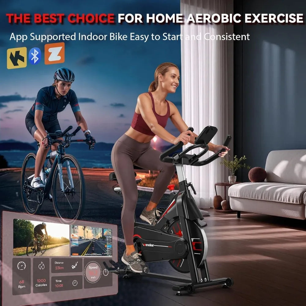 Exercise Bike, Stationary Bike for Home with Adjustable Seat, Multi-grips Handlebar, Transport Wheels, Fitness Courses