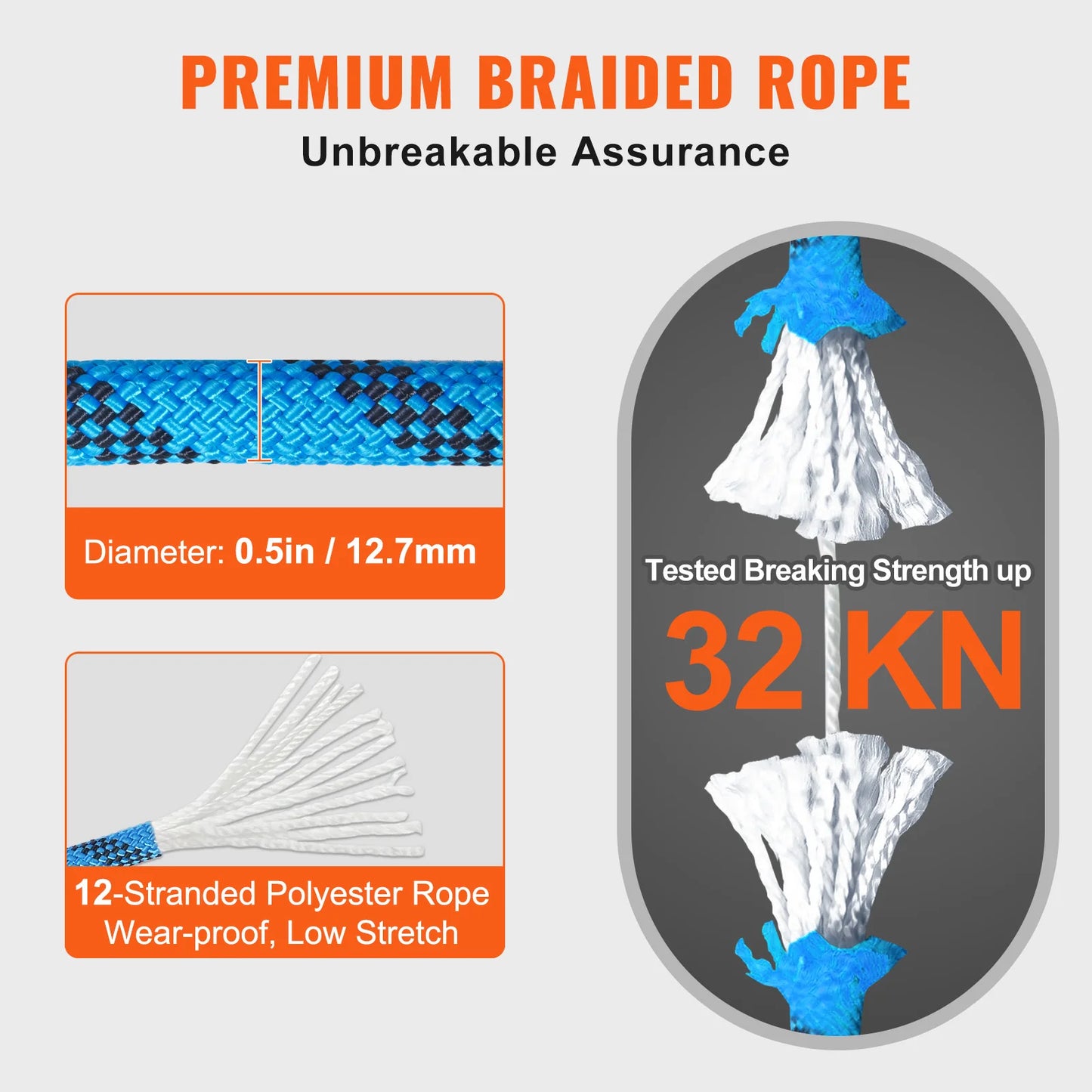 VEVOR Static Climbing Rope 32 Kilonewton Breaking Strength With Steel Snap Hooks