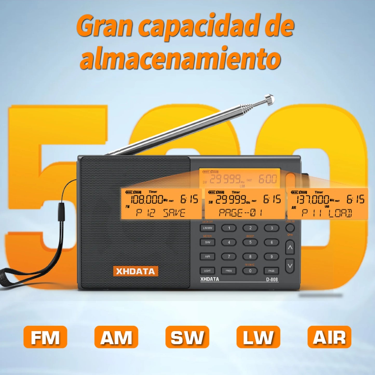 XHDATA D808 Portable Multiband Radio Receiver AM FM SW MW SSB RDS