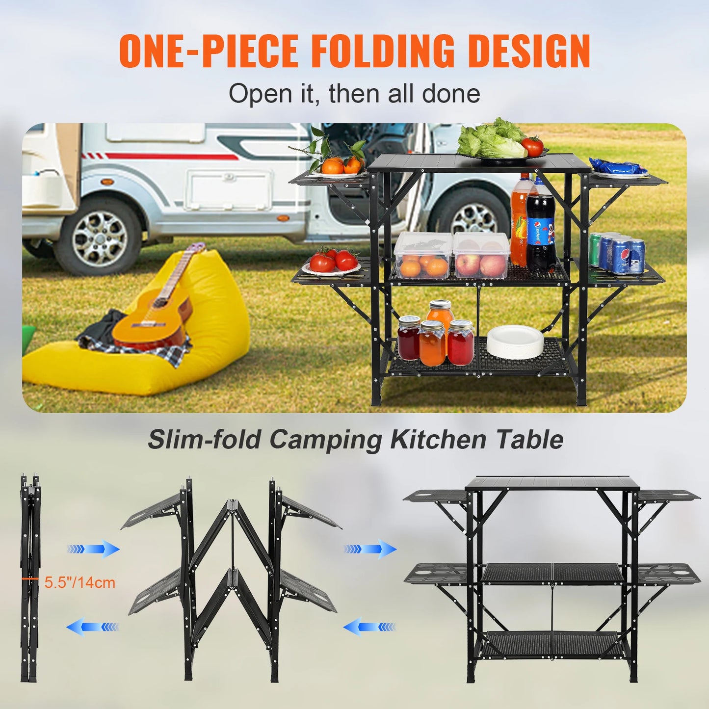 SucceBuy Camping Kitchen Table One-piece Folding Portable Cook Station Aluminum Camping Folding Table for Outdoor Picnics BBQ