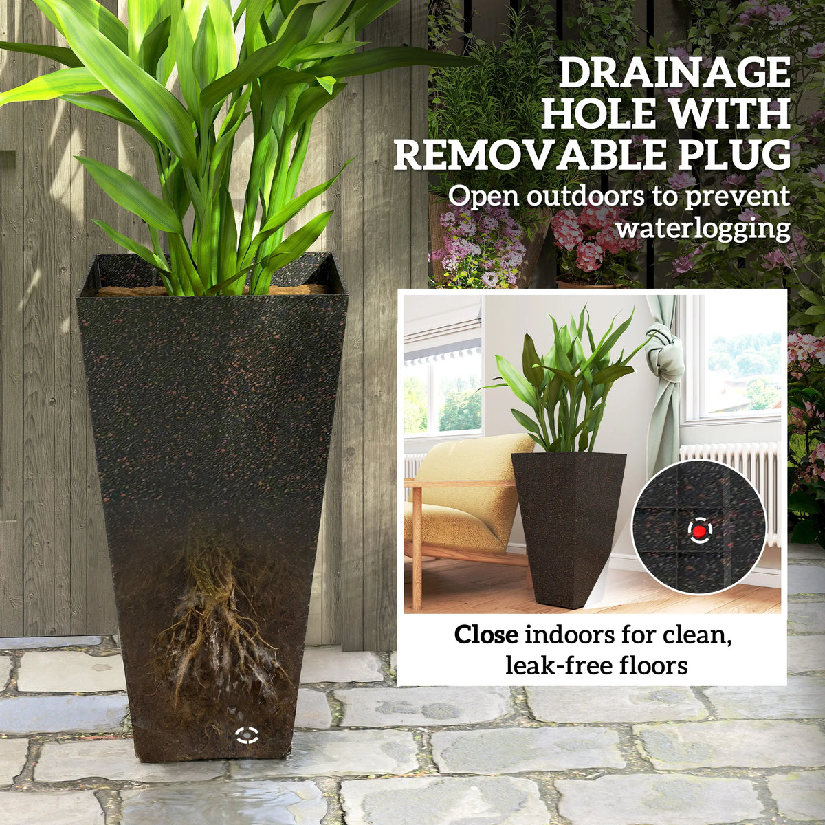 28" Tall Planters, Set of 3 Stackable Tapered Outdoor Planters, Brown