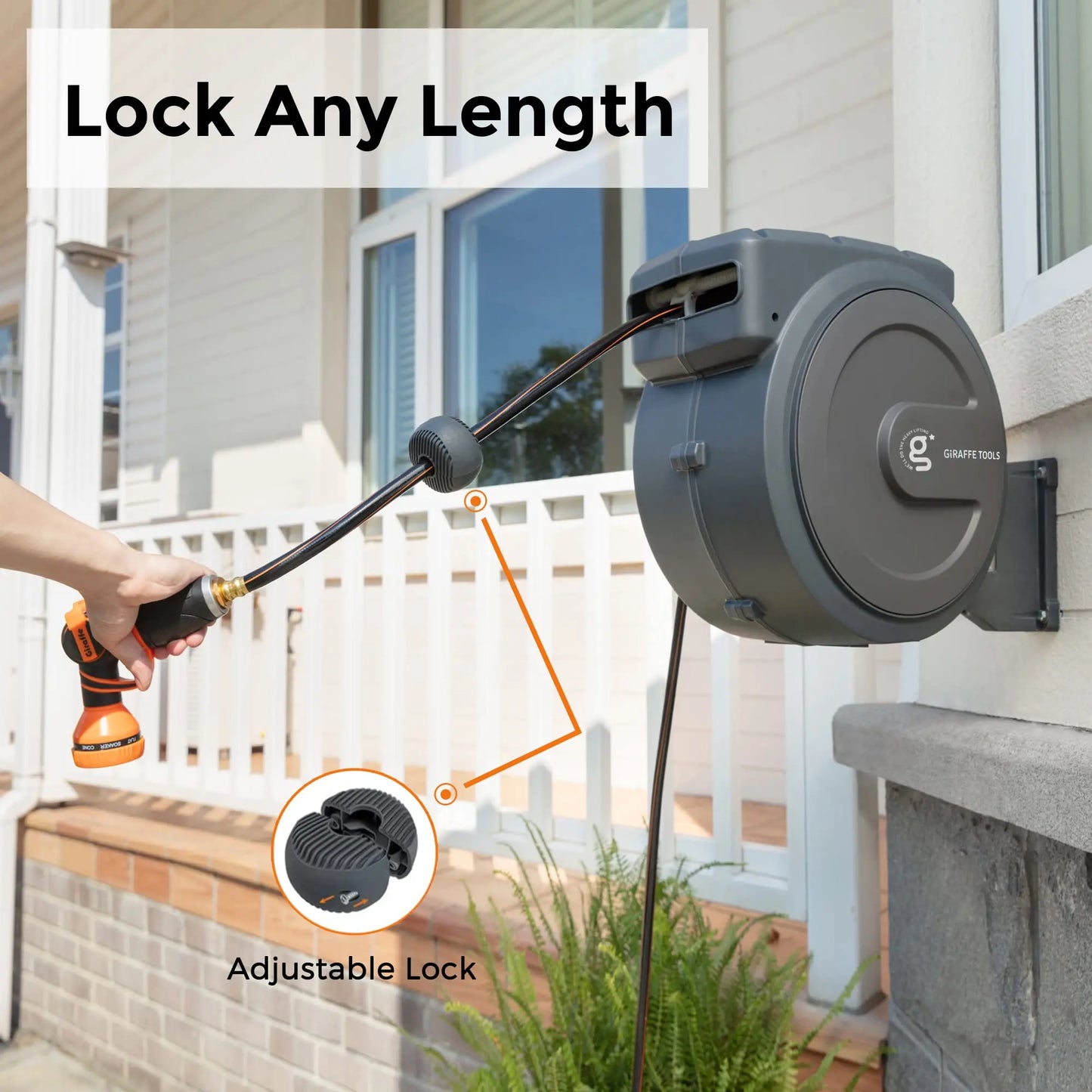 Giraffe Tools AW30 Wall Mounted 1/2" x 100 ft Garden Hose Reel, Retractable Water Hose Reel, Automatic Rewind & Lock at Any Length