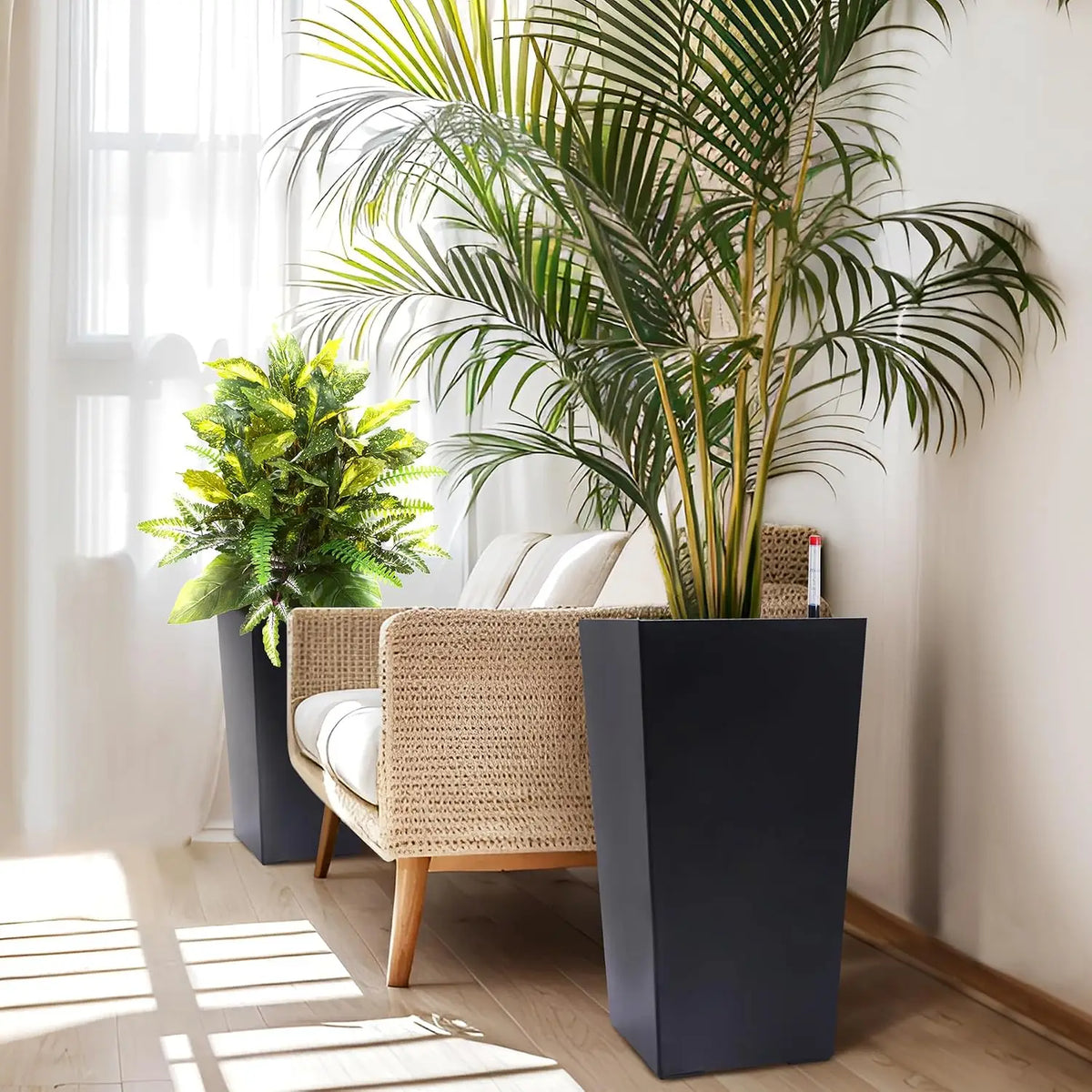 Tacleekii 22.5" 30"Tall Rectangular Planters Set of 2 Large Modern Plant Pots with Drainage Holes＆Water Level Monitor＆Wheels Outdoor and Indoor for Patio Porch Living Room Home Office