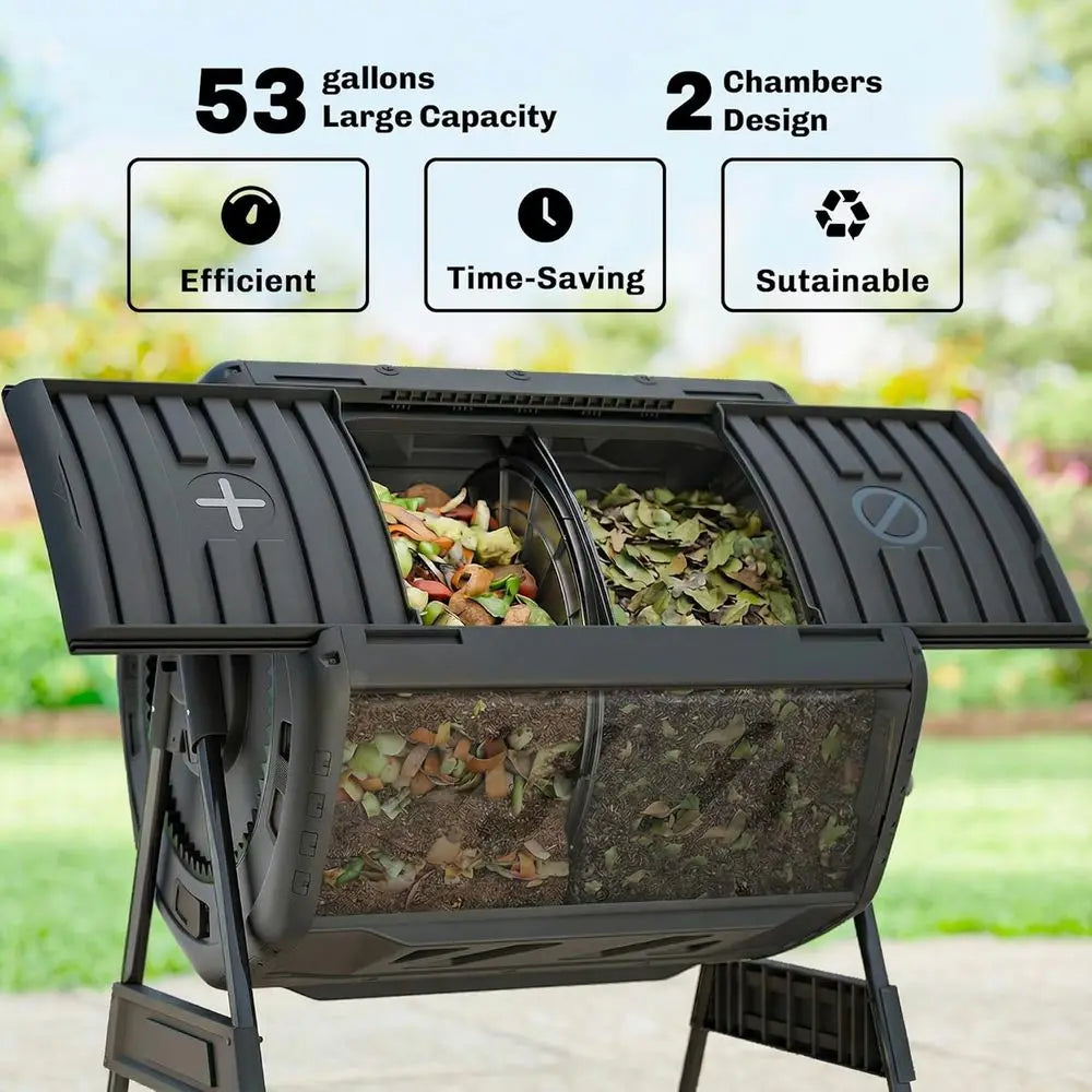 Dual Chamber Outdoor Compost Tumbler With Adjustable Vents For Waste