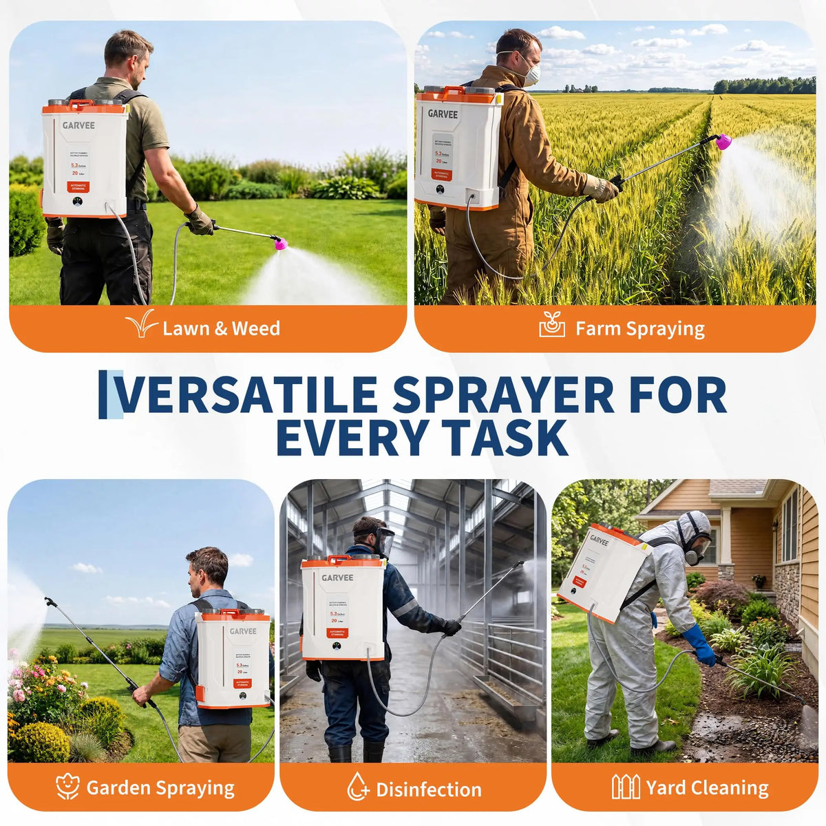 Battery Powered Backpack Sprayer 3.2/5.3 Gallon 21V 4Ah Electric Weed Sprayer 90 PSI Agitation System 5 Nozzles