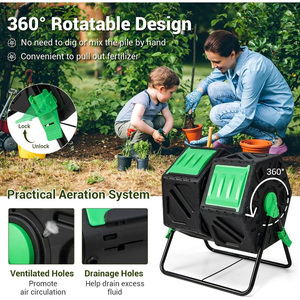 Dual Chamber Compost Tumbler With 360 Degree Rotation BPA Free For Outdoor Use