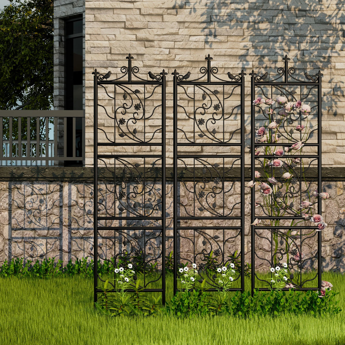 Metal Garden Trellis Bird Leaf Grid Panel Fence Climbing Support