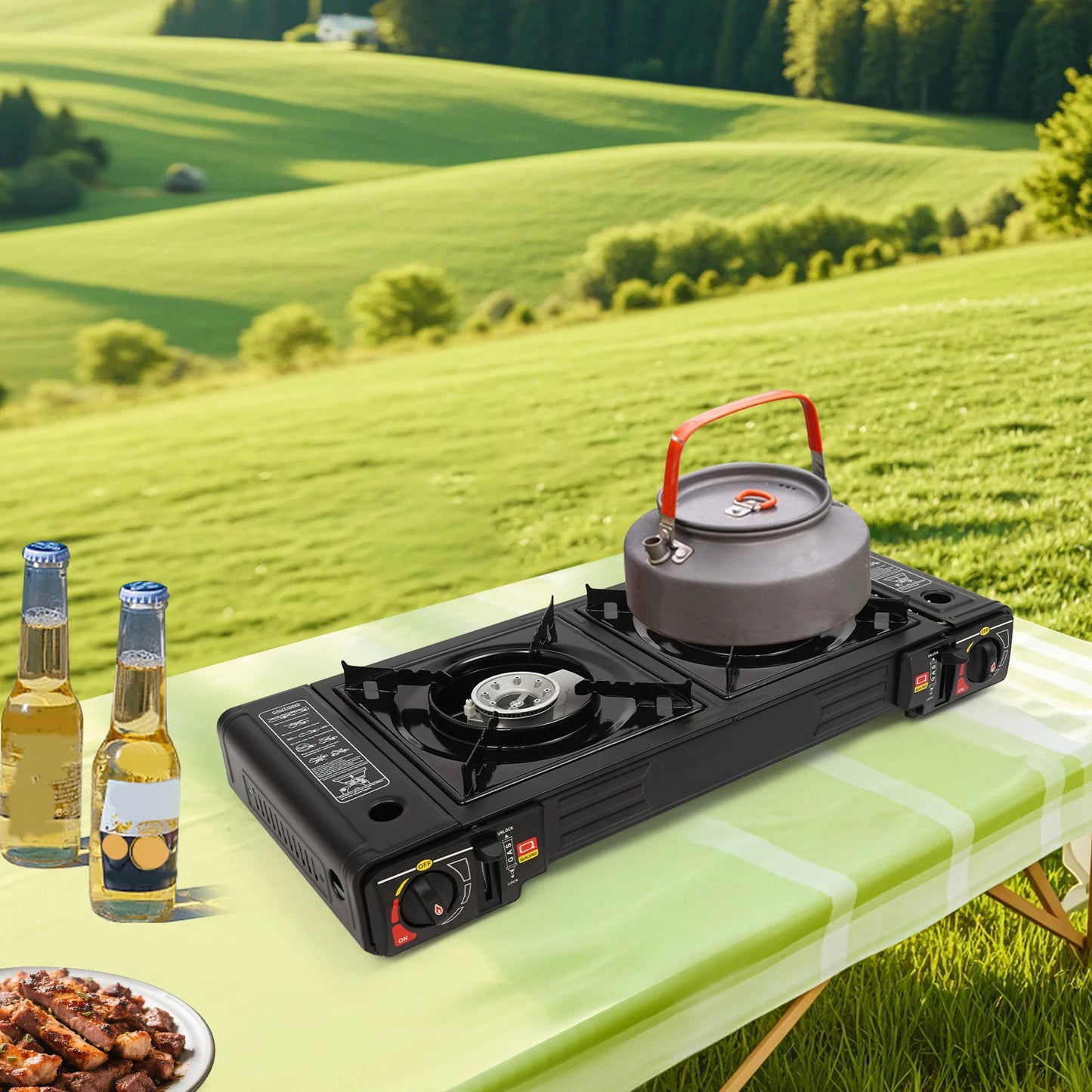 2500W Portable Camping Stove 2 Burners With Baking Tray Case