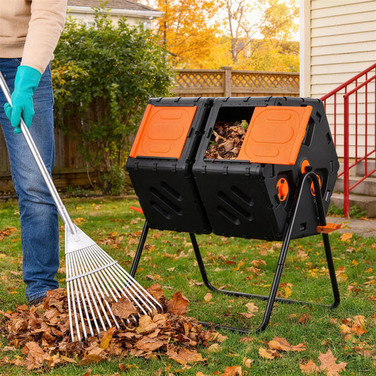 Double Chamber Compost Tumbler With Aeration Rotating Outdoor Bin