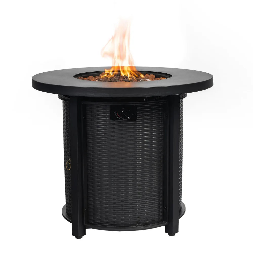 30 Inch Propane Gas Fire Pit Table, Black Round Steel Outdoor Fire Pit with 50000 BTU Heat Output, 30 by 30 by 24 Inch Size, 44 Pound Weight, Steel Structure, Package 32 by 32 by 11 and Patio Deck Garden Courtyard Use for Out